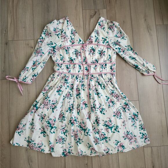 Stock Place The Label Floral 3/4 Sleeves V-Neck Fit Flare Dress Women Sz L - Picture 4 of 12